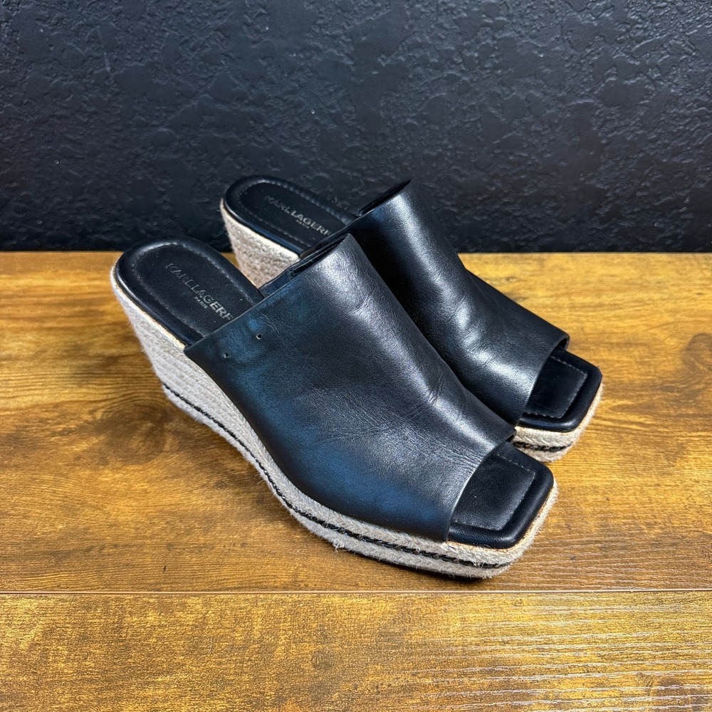 Karl Lagerfeld Corissa Black Leather Espadrille Wedge Mules Womens 9